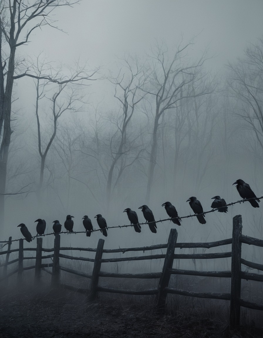 ravens, fence, forest, fog, wildlife, gothic, underground, dark