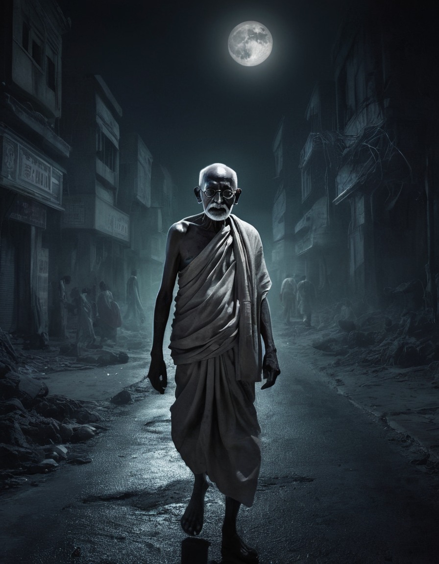 mahatma gandhi, zombie, deserted street, night, horror