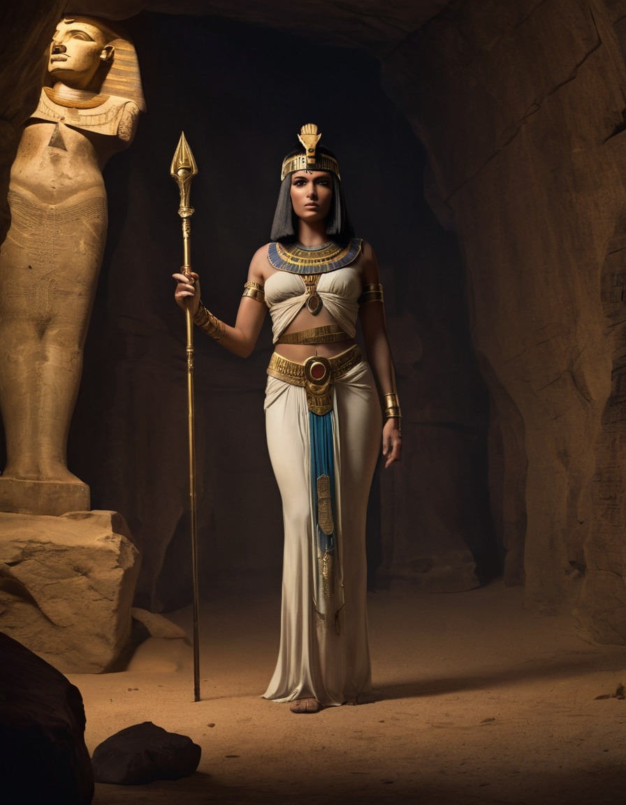 cleopatra, ancient artifacts, dimly lit, confidence