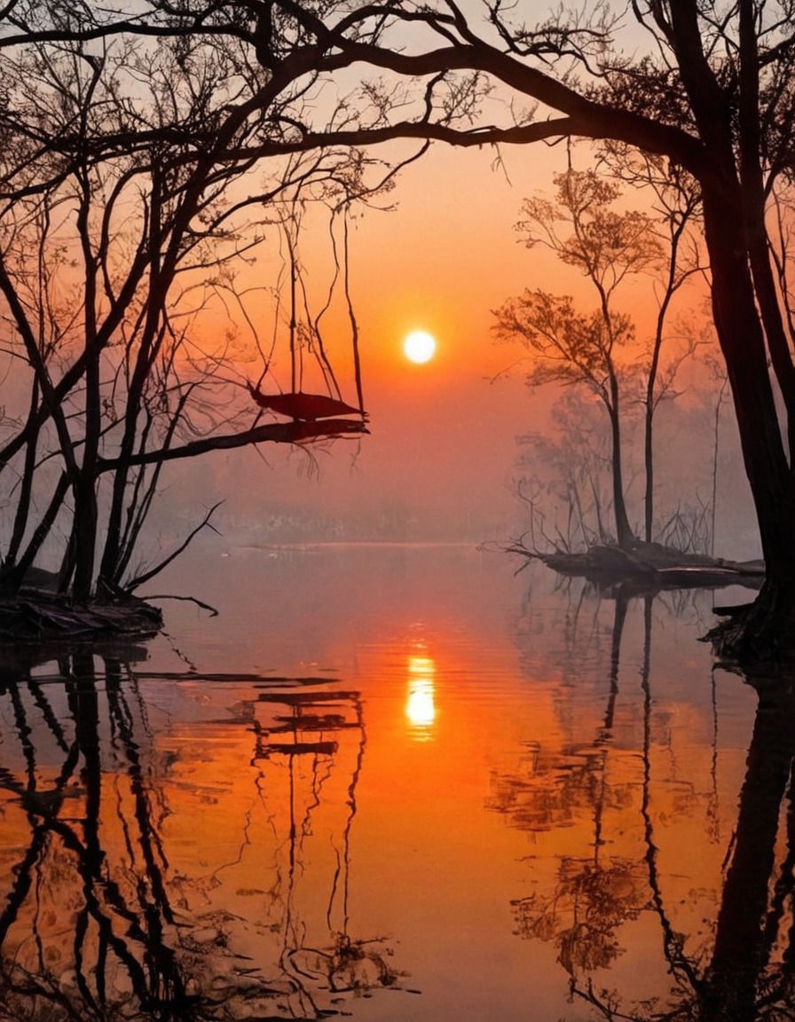 nature, trees, sunsets, reflections, peace and quiet, serenity, orange, orange gray