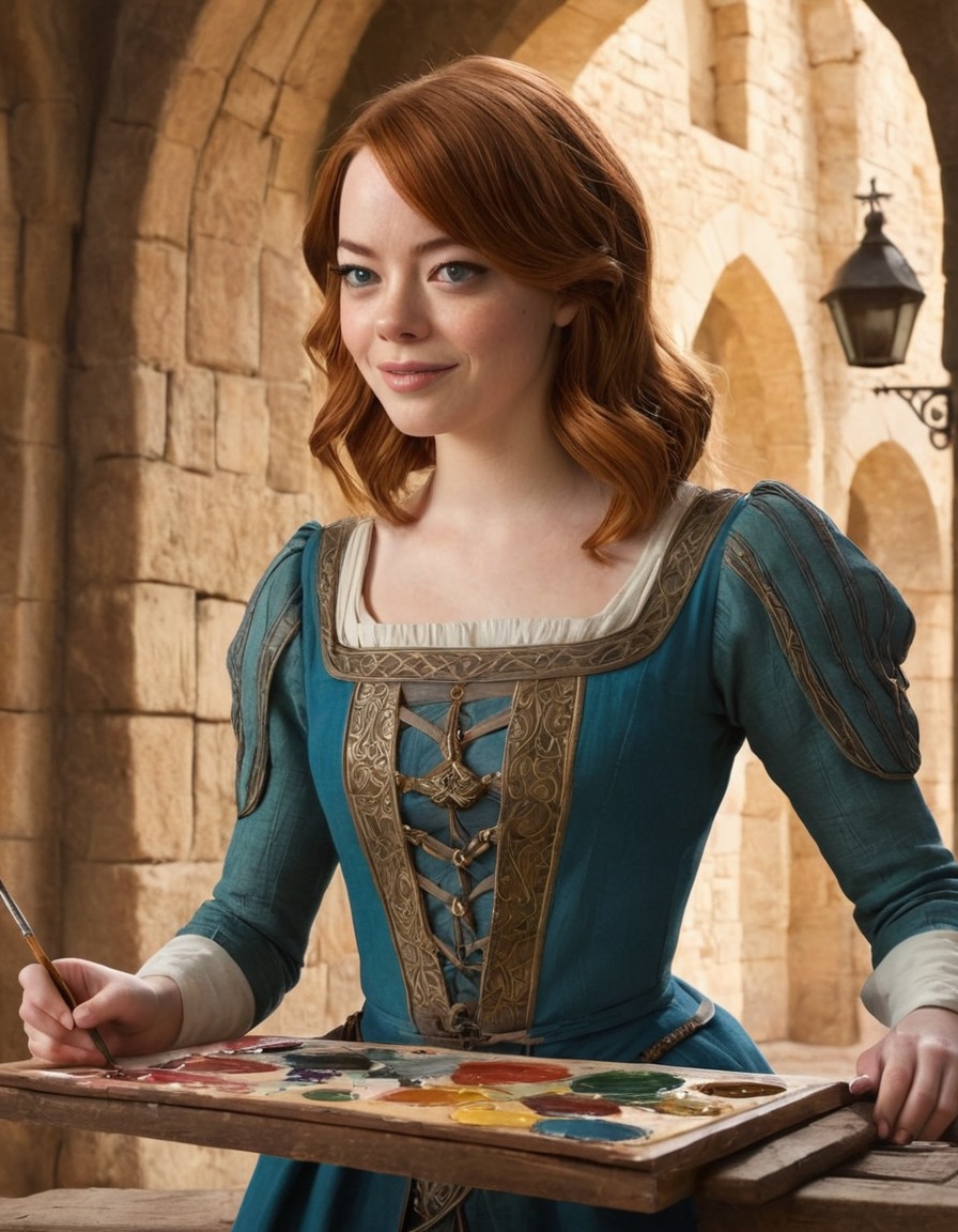 emma stone, painting, medieval, scene, vibrant colors, intricate details