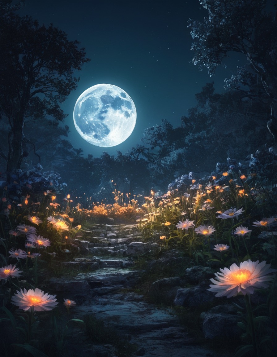 fantasy, magical, garden, flowers, moonlight, fantastic