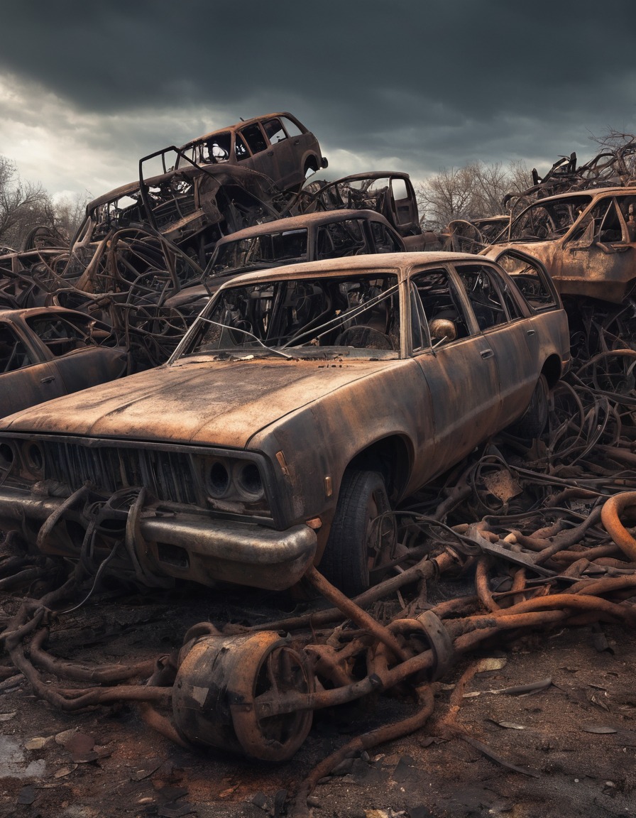 junkyard, abandoned vehicles, chase, suspense, mad max