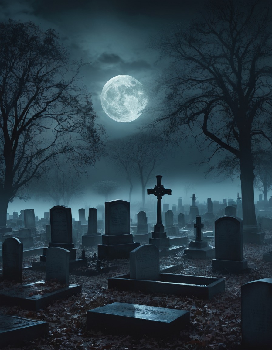 cemetery, moonlit, mist, tombstones, gothic, underground, dark