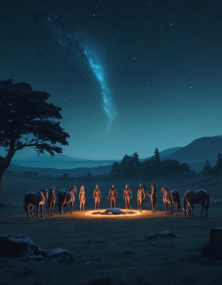 fantasy, centaurs, mystical, stone circle, starlit sky, fantastic