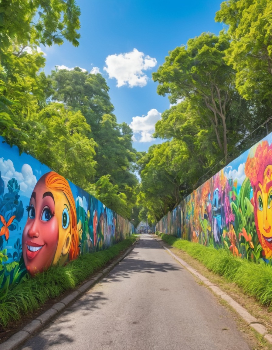 street art, murals, vibrant, cityscape, trees, urban art, nature, city