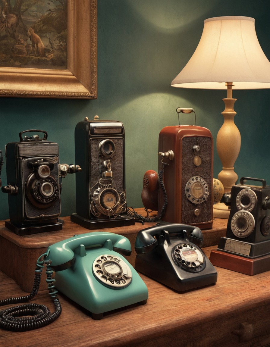 photography, vintage, telephones, cameras, still life