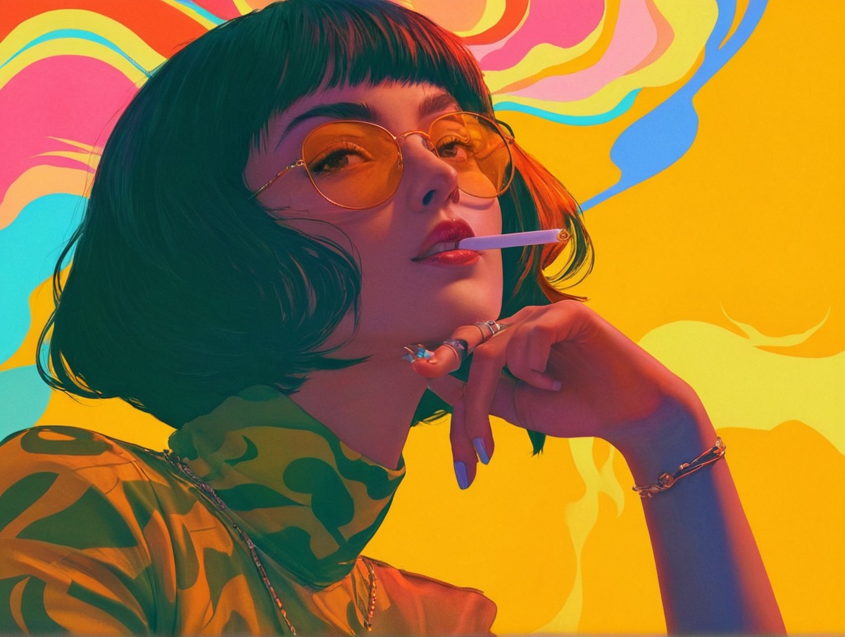 popart, psychedelicart, smoking, sunglasses, woman, aiart, aiillustration, aiartwork