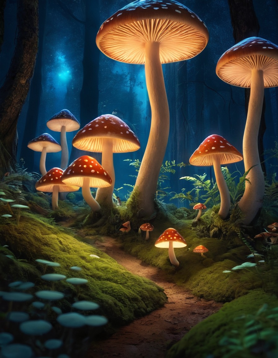 forest, glowing mushrooms, night, stars, fantasy, illumination