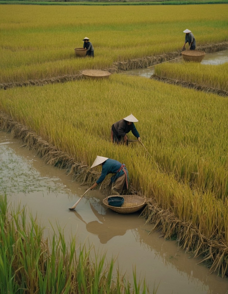 ancient china, farmers, harvesting, rice cultivation, flooded fields, agriculture, 700 ad