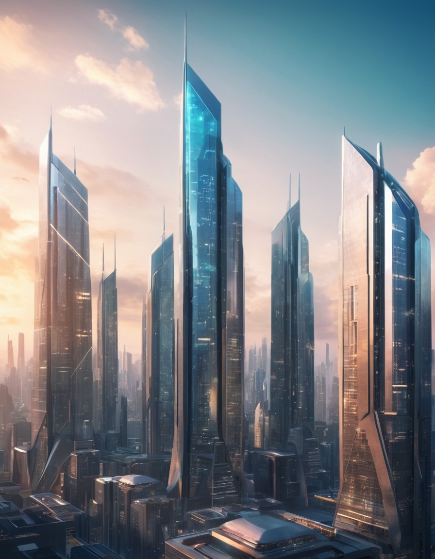 futuristic, cityscape, glass skyscrapers, geometric shapes, architecture