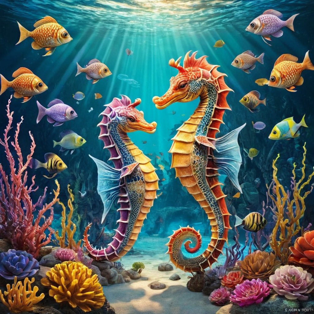 digitalart, ocean, seahorse, seahorses, undersea, aiart, tengrai, printqualityart