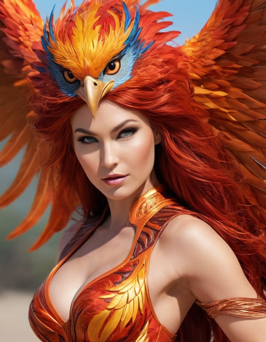 phoenix, birdwoman, rebirth, passion, mythical creature, vibrant plumage, mesmerizing presence