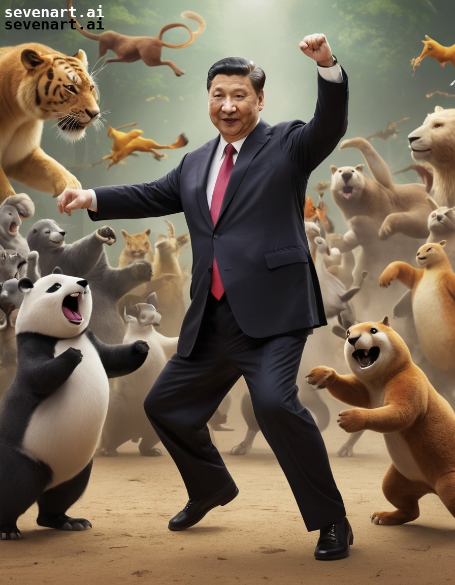 xi jinping, cartoon, dance battle, animals, animation, china