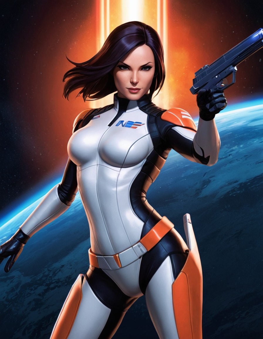 miranda lawson, mass effect, biotic abilities, dynamic pose, sci-fi, anime, games