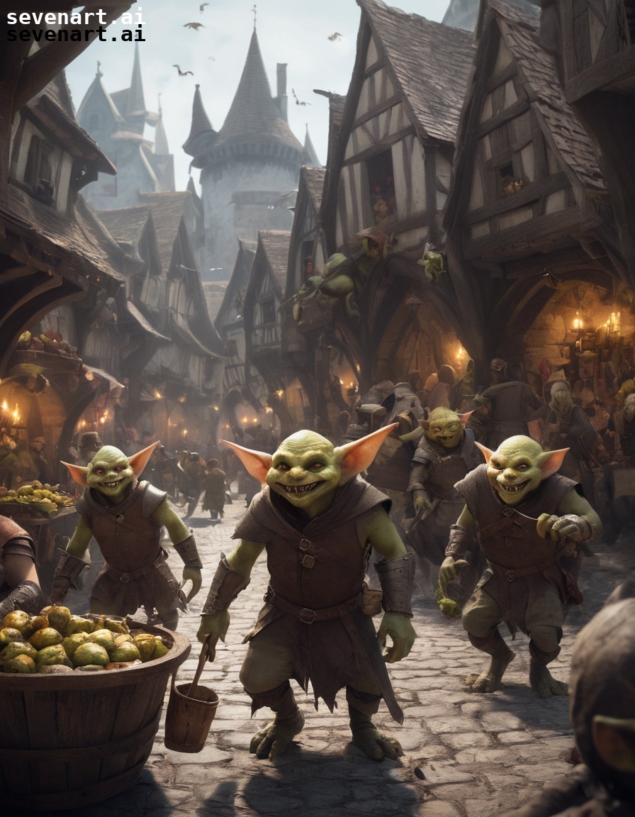 fantasy, goblins, mischief, medieval, marketplace