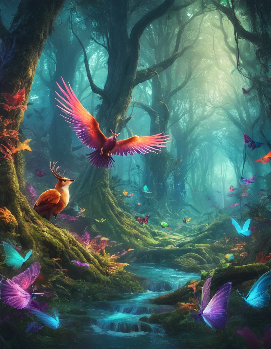 mystical, forest, colorful, winged creatures, fantasy