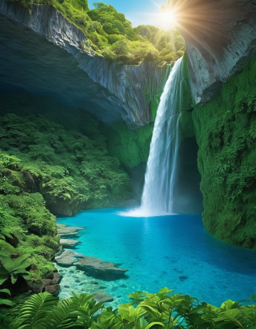 waterfall, nature, lush green, clear blue, outdoor, scenic landscape