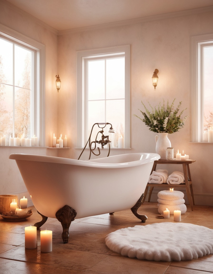 spa, bathroom, clawfoot tub, fluffy towels, scented candles, home, interior