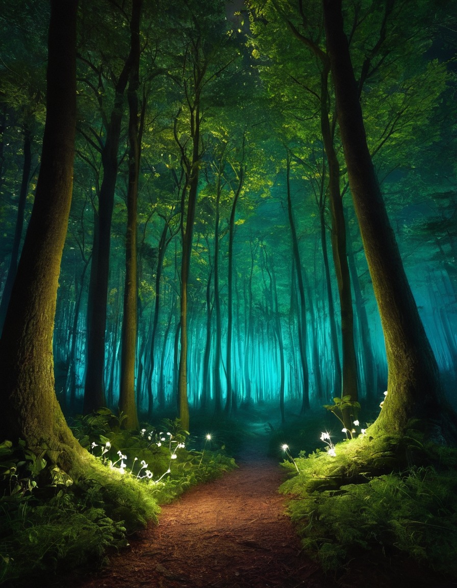 light painting, whimsical, magical, forest, night