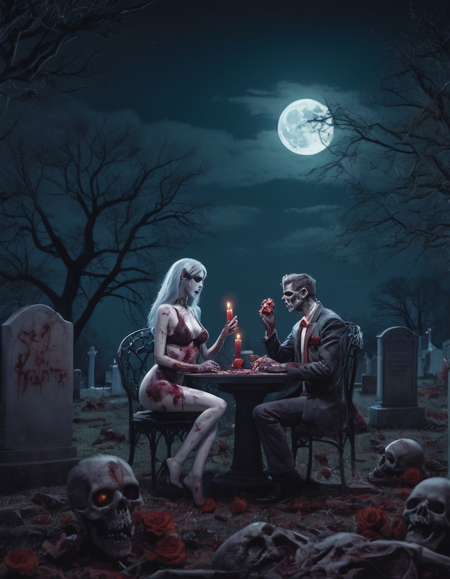 zombies, romantic date, graveyard, moonlit night, horror, undead, zombie