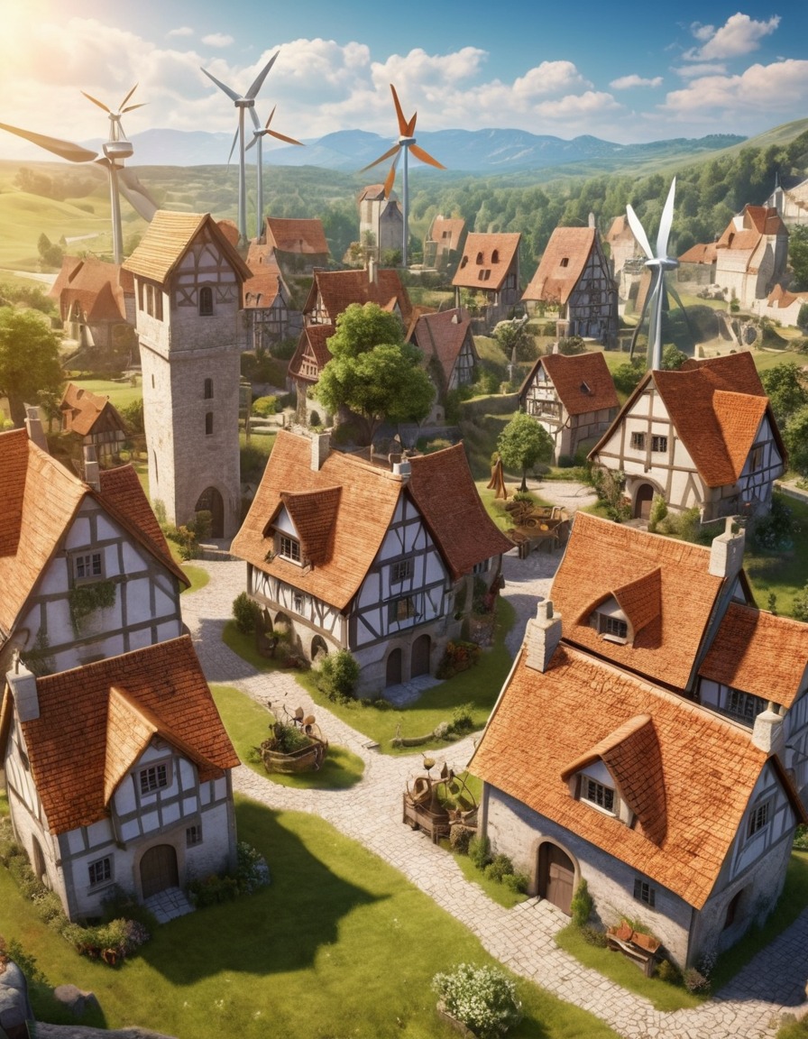 medieval village, wind turbines, solar panels, renewable energy, sustainability, medieval, art