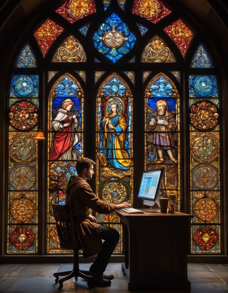 stained glass, medieval, computer programmer, technology, art