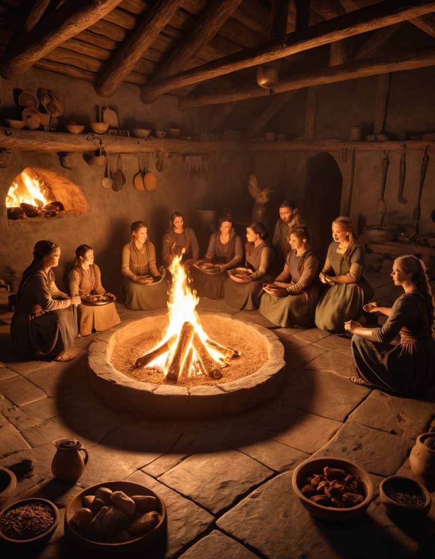 ancient women, communal meal preparation, large hearth, viking longhouse, 9th century, cultural practices, historical domestic life