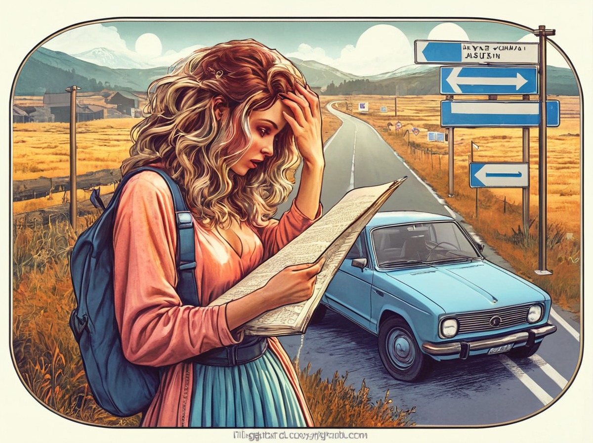 digitalart, drama, vintage, car, backpack, belt, clueless, countryside, driver, fences, illustration, lady, lost, map, messyhair, mountains, powerlines, print, retro, road, signs, skirt, sweater, tattooedgirl, artillustration, dailychallenge