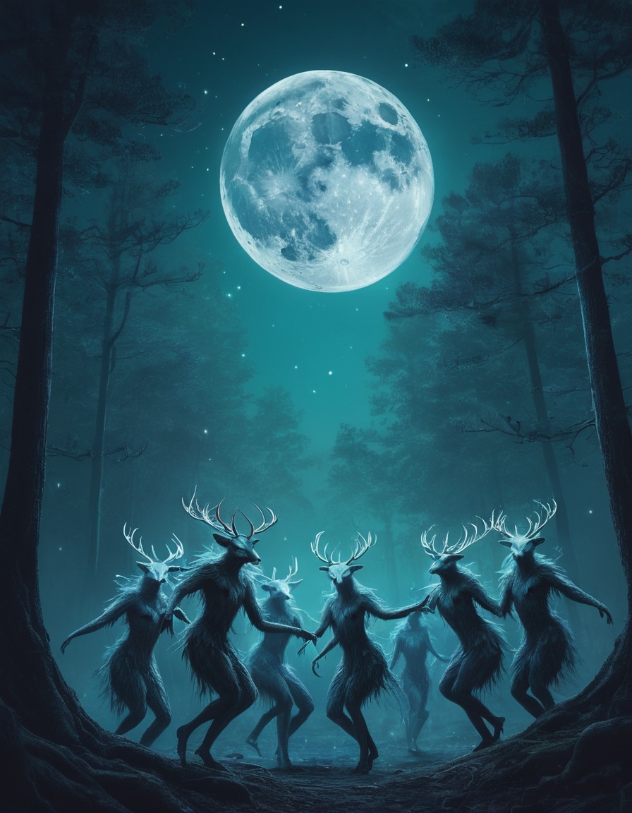 mystical, forest beings, dancing, magical, moon, fantastic