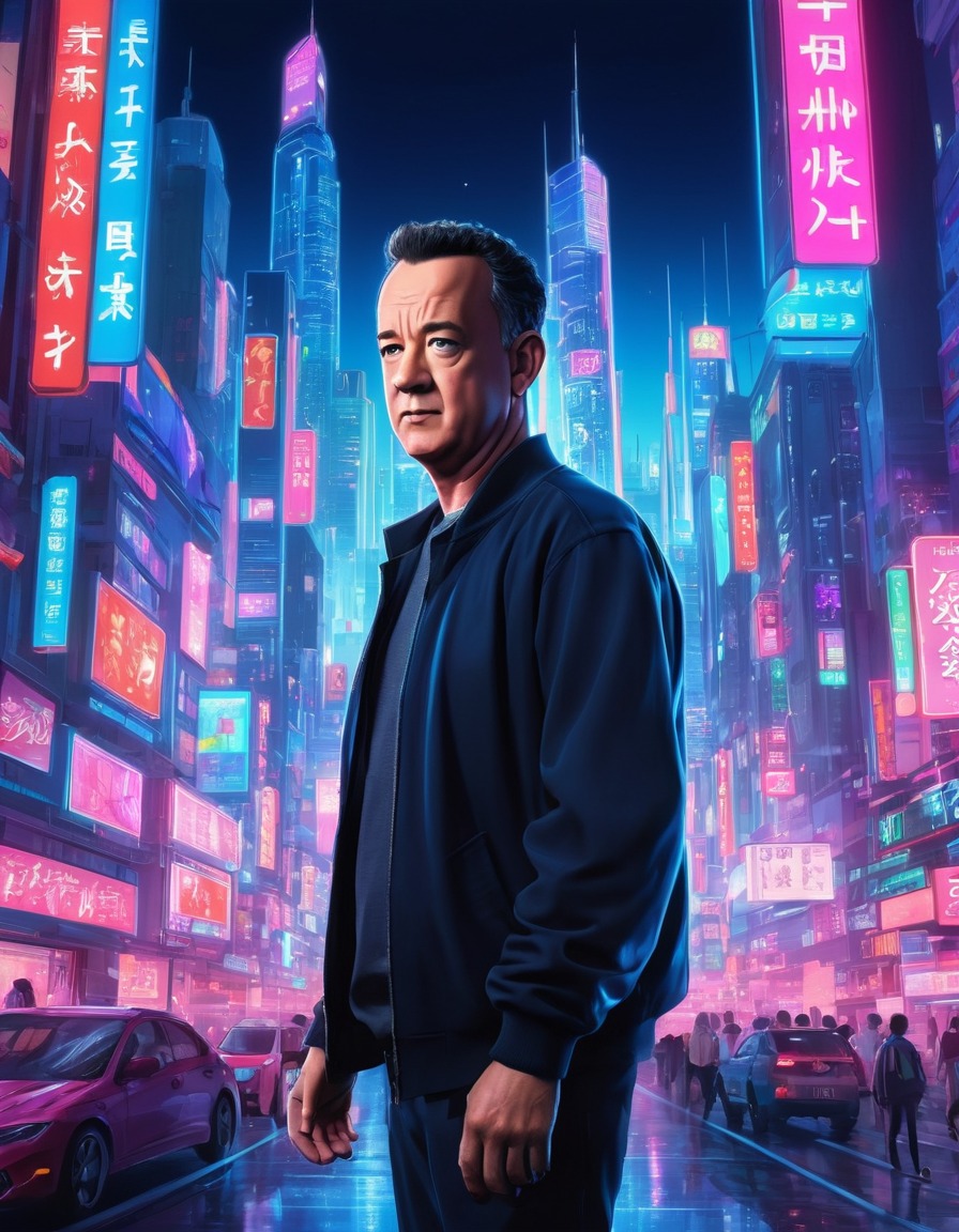 tom hanks, anime, futuristic cityscape, neon lights, holographic displays