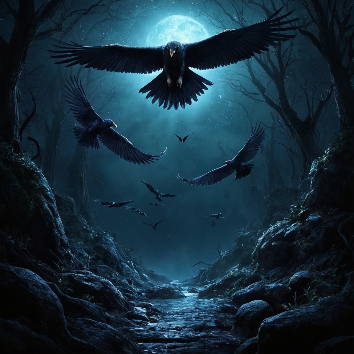 digitalart, magic, fantasyart, forest, bird, crows, ravens