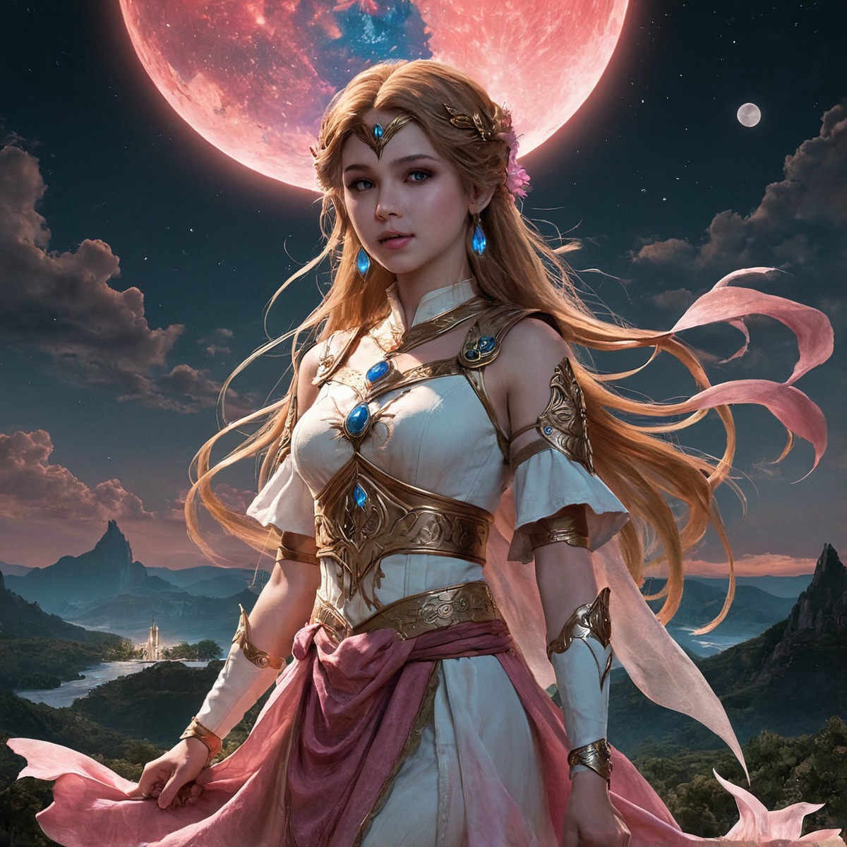 digitalart, videogamefanart, princess, anime, fantasyart, fanart, beauty, dress, elfears, moon, night, nintendofanart, pink, princesszelda, zelda