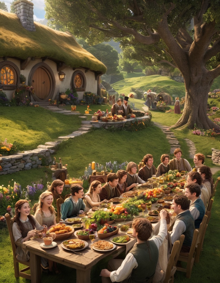 hobbits, the shire, fantasy, whimsical, colorful, party, john tolkien, tolkien