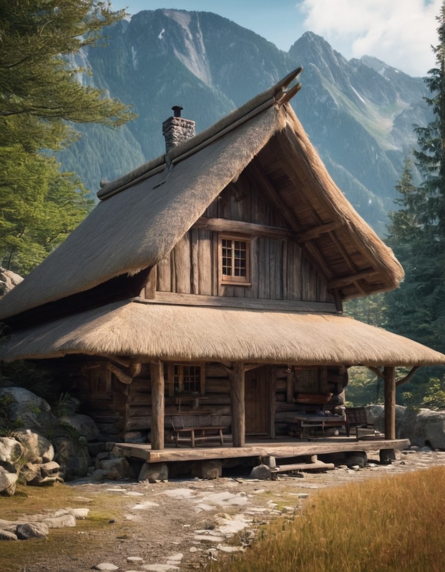 rustic, mountain cabin, thatched roof, wooden beams, countryside