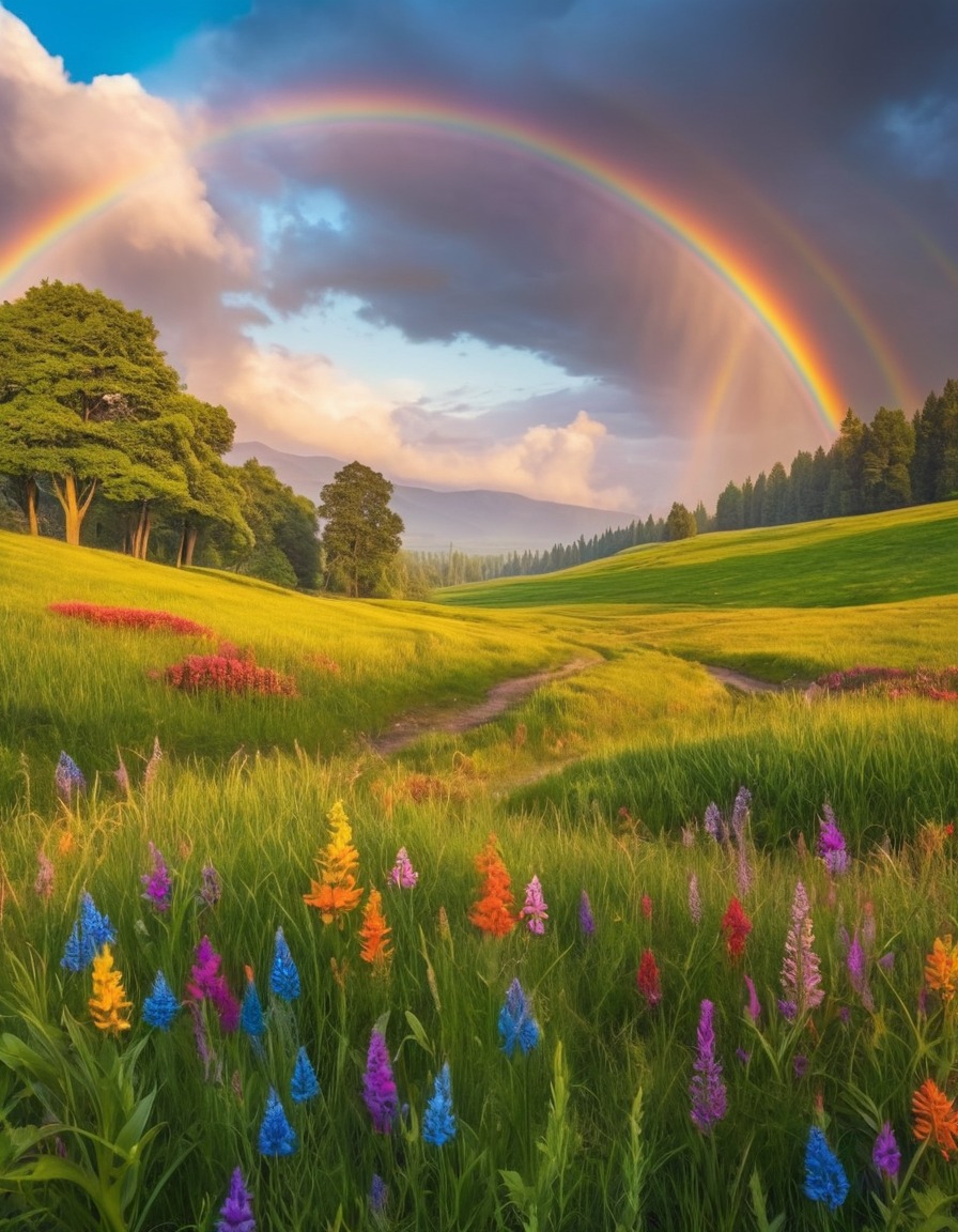 nature, landscape, rainbow, colorful, meadow