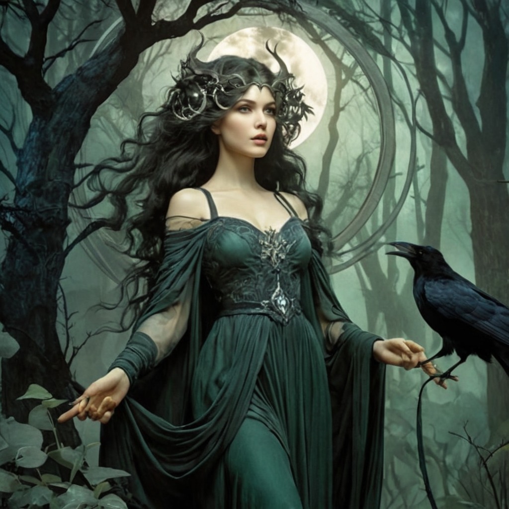 magic, witch, pagan, digitalart, gothic, forest, portrait, fantasyart, fantasycharacter, characterdesign, beauty, ravens