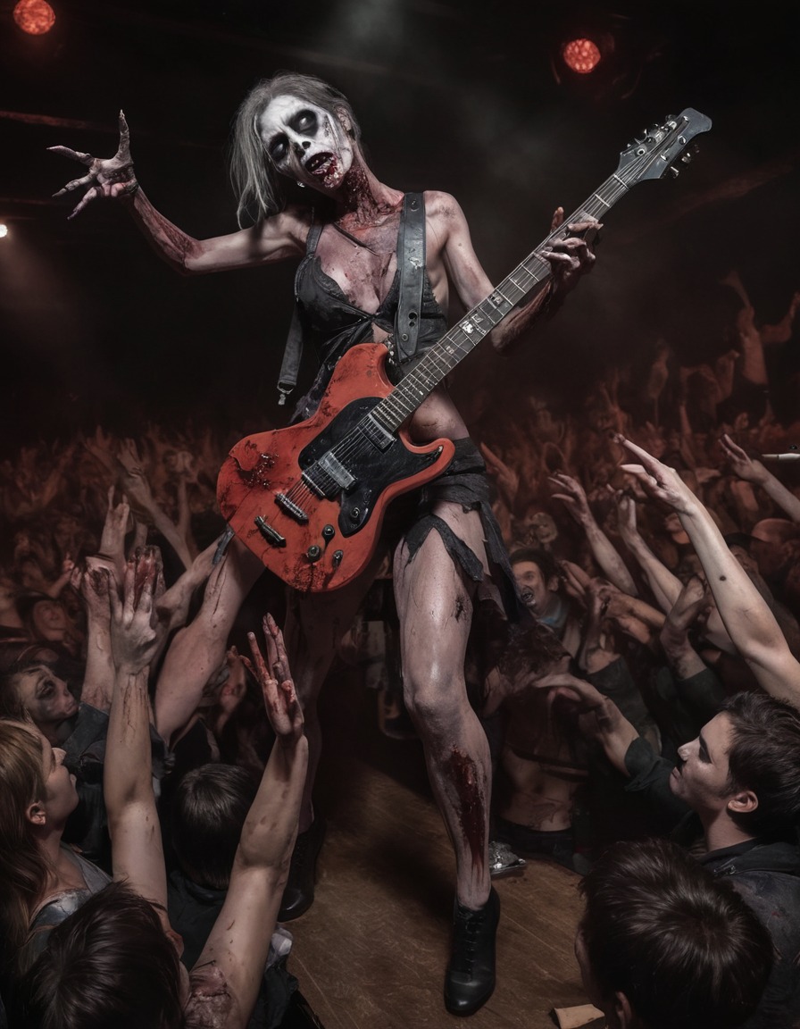 zombie, musician, guitar, stage, crowd, performance