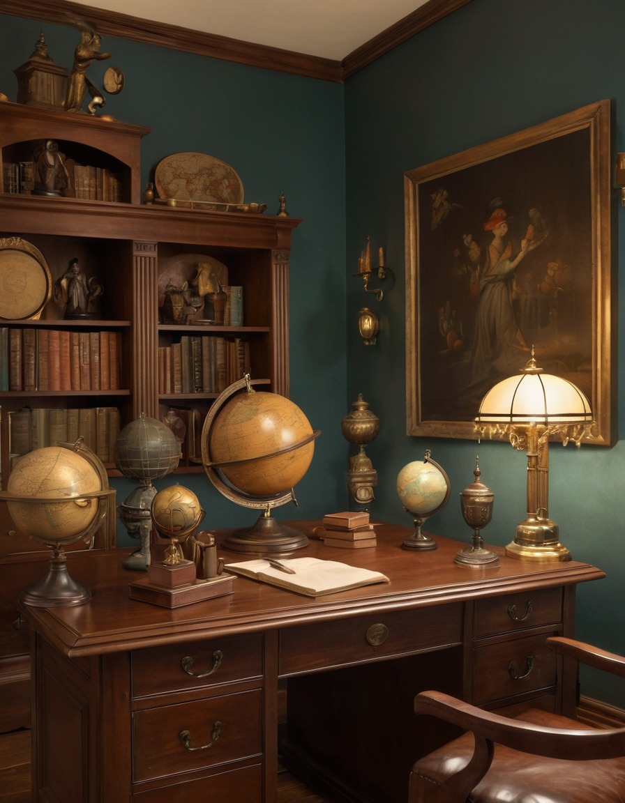 wooden desk, antique globes, study, interior design, home, interior