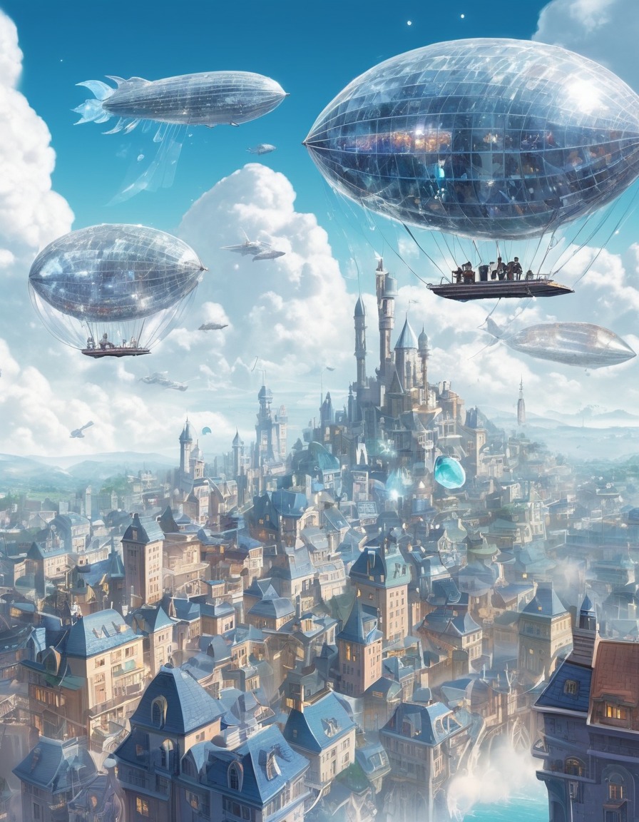 fantasy, cityscape, architecture, airships, clouds, fantastic