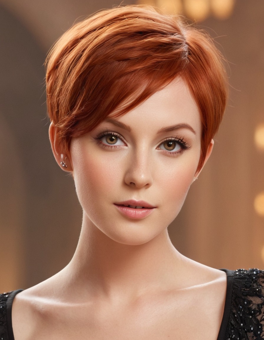 beauty, lady, catlike eyes, red hair, pixie cut, pointed nose, thin lips