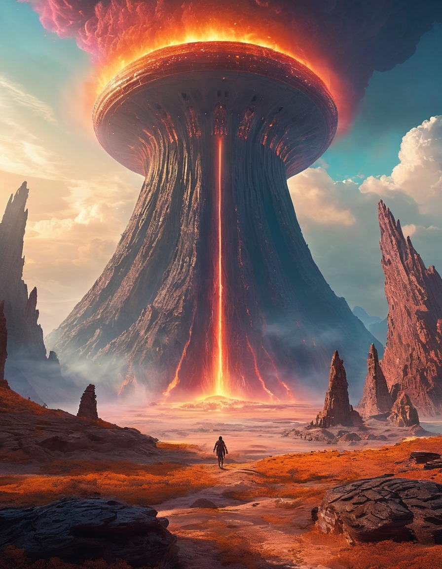 alien, ancient, structure, vibrant colors, energy, desolate landscape, extraterrestrial, aliens