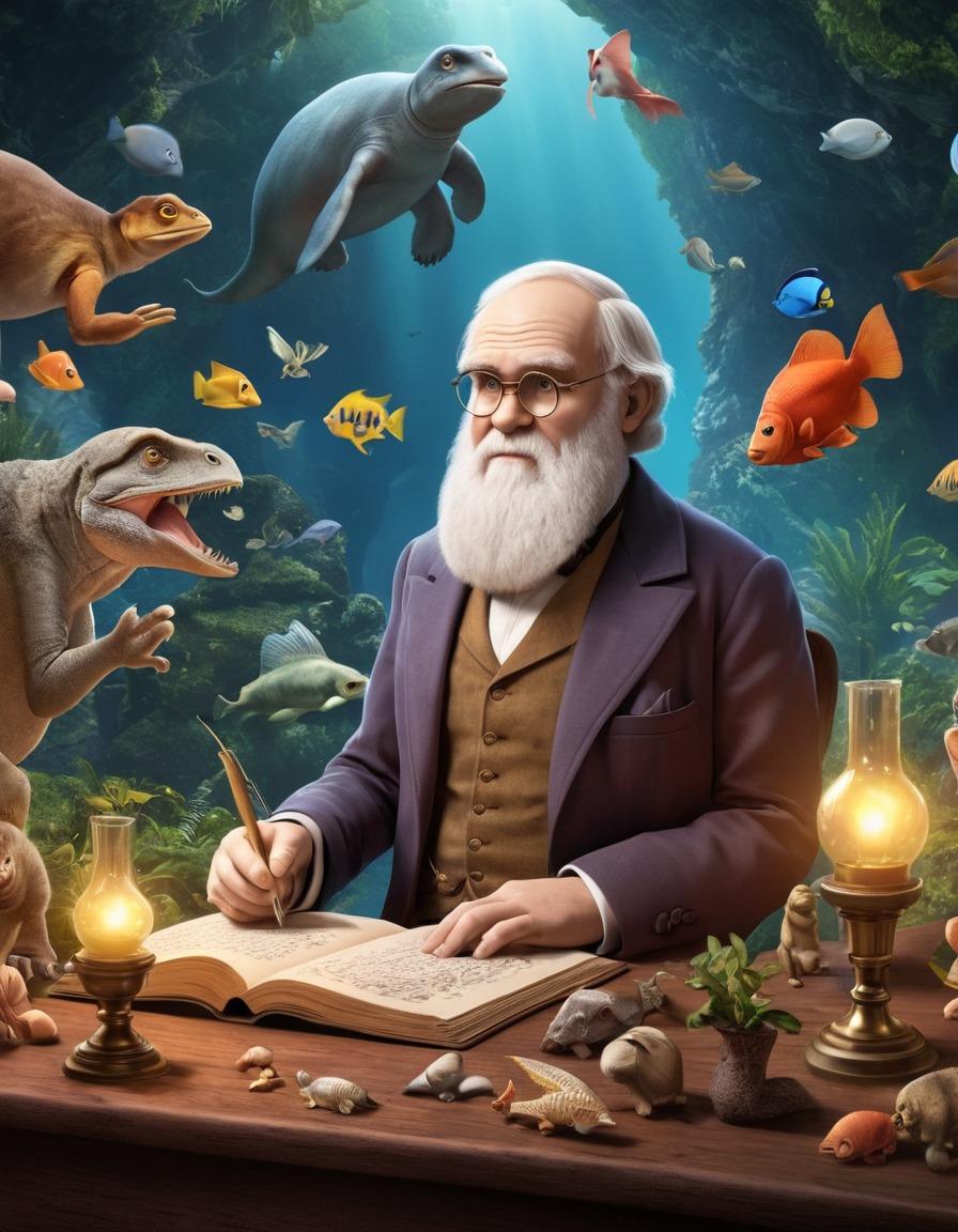 charles darwin, evolution, cartoon, whimsical, caricature, funny