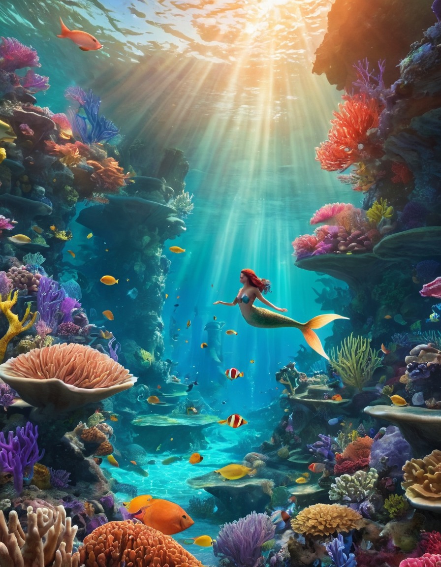 mermaid, underwater, coral reefs, fantasy, ocean, fantastic