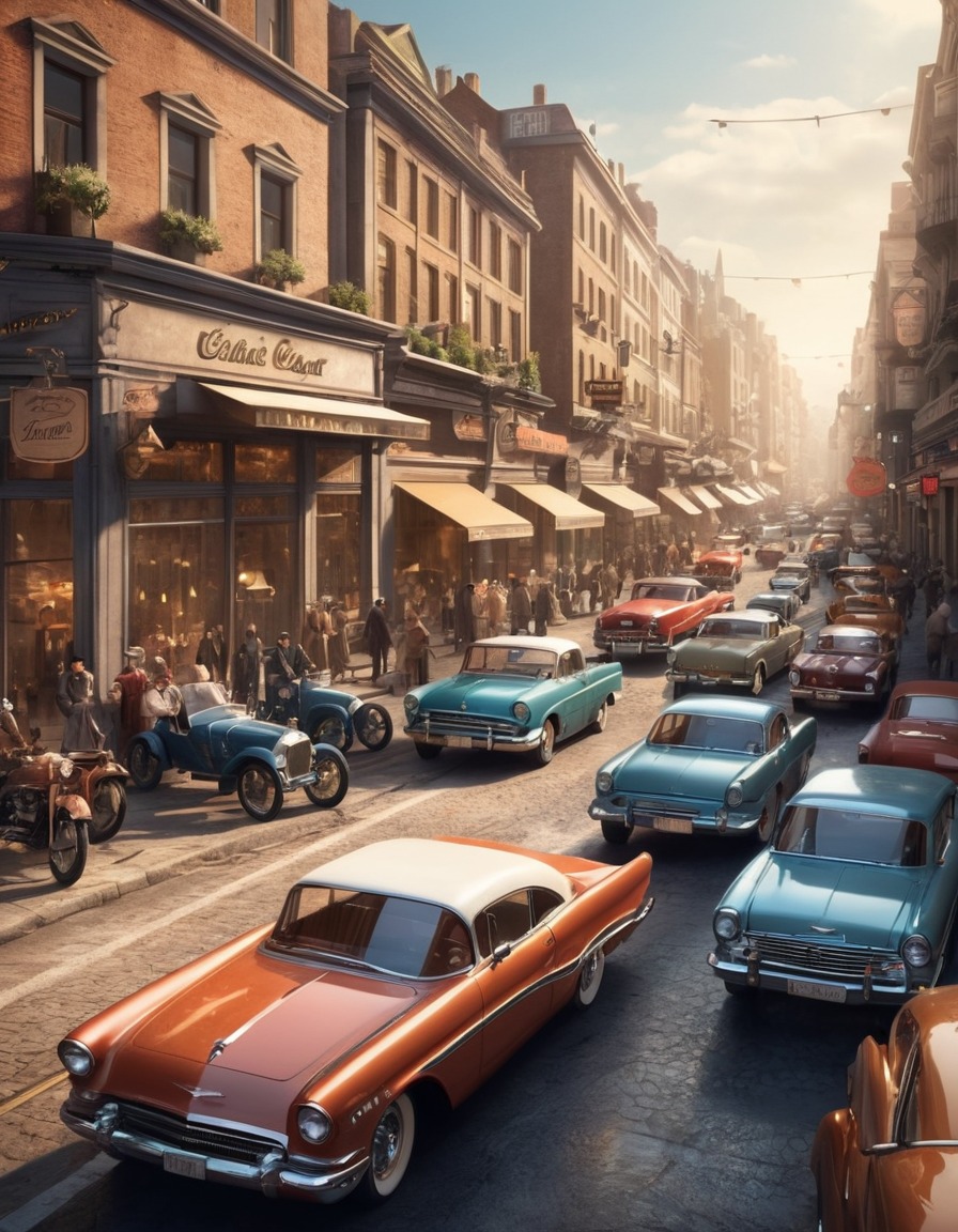 city life, vintage cars, motorcycles, street scene