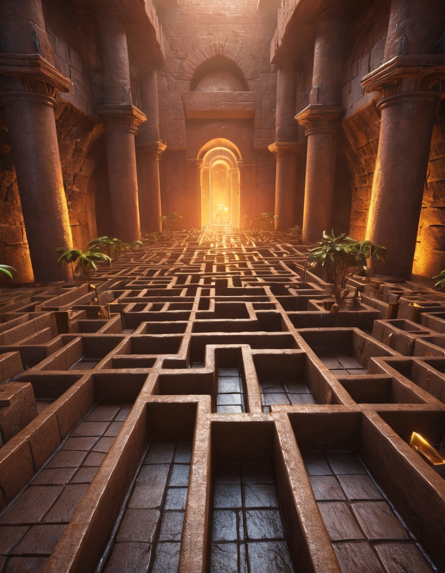 labyrinth, maze, dangerous traps, magical illusions, fantasy, adventure, puzzle