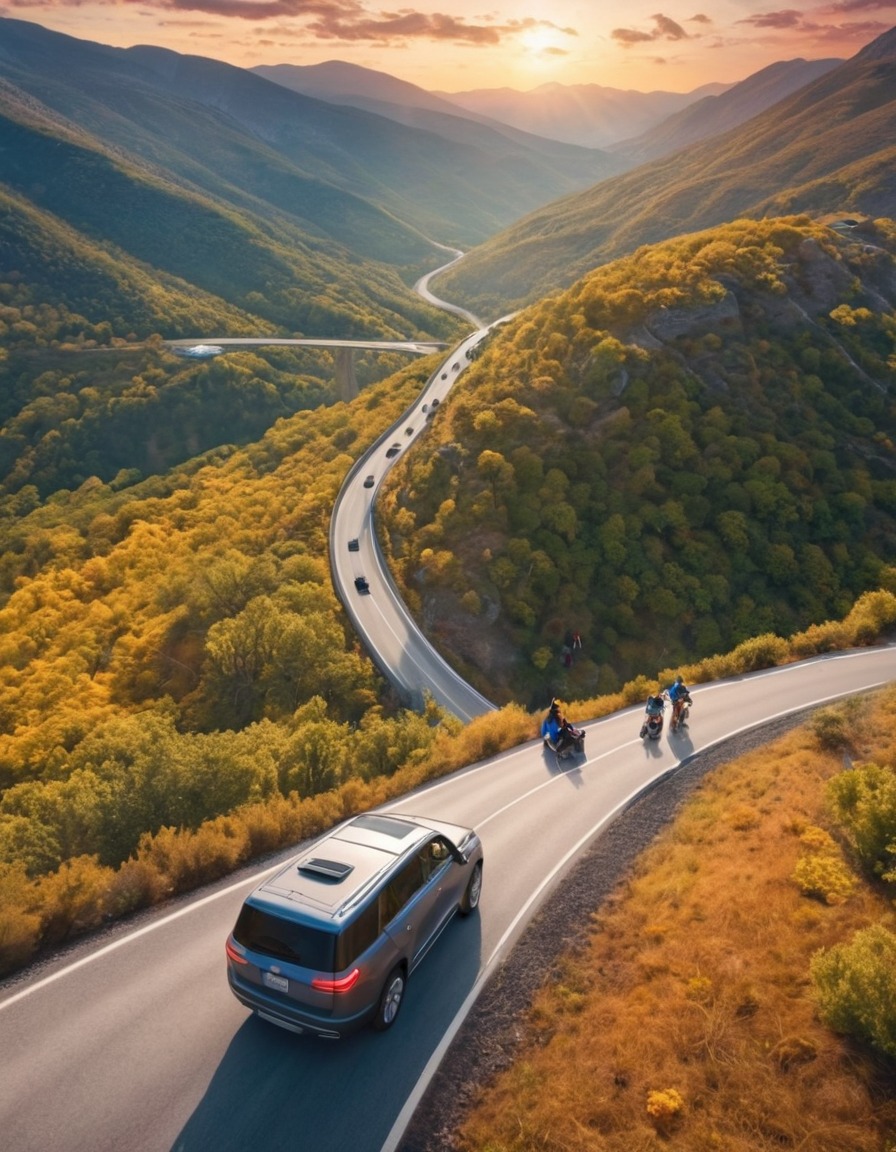 drone, friends, road trip, mountain road