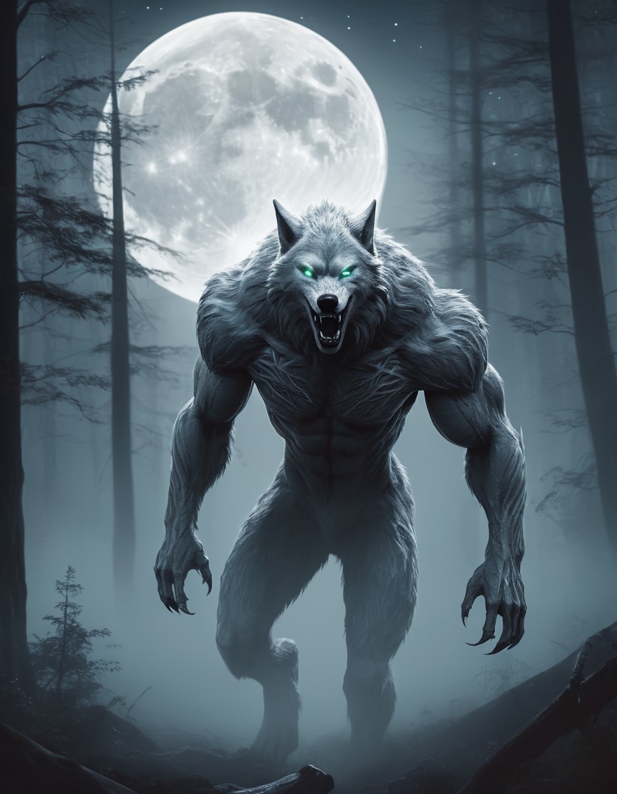 werewolf, silver, forest, full moon, misty