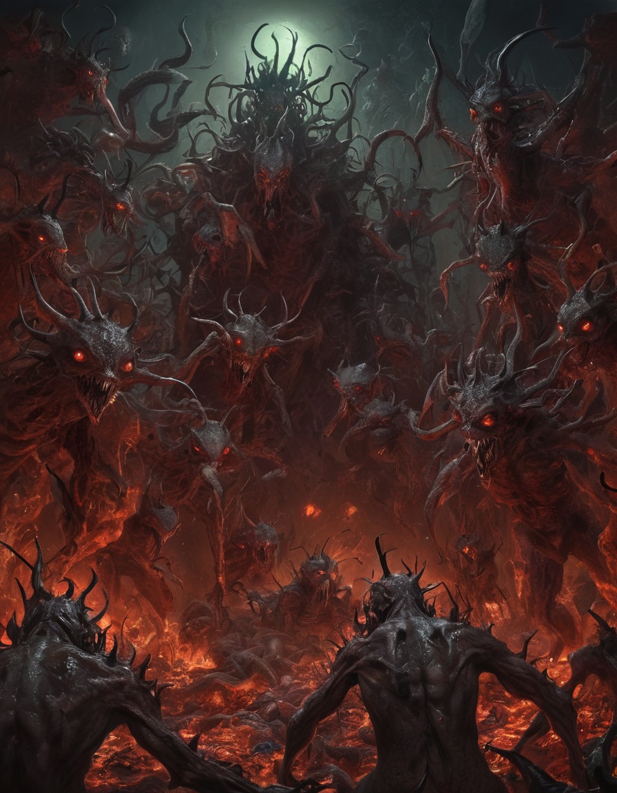 hell, swarmed, hideous creatures, horror, demonic, souls, underworld