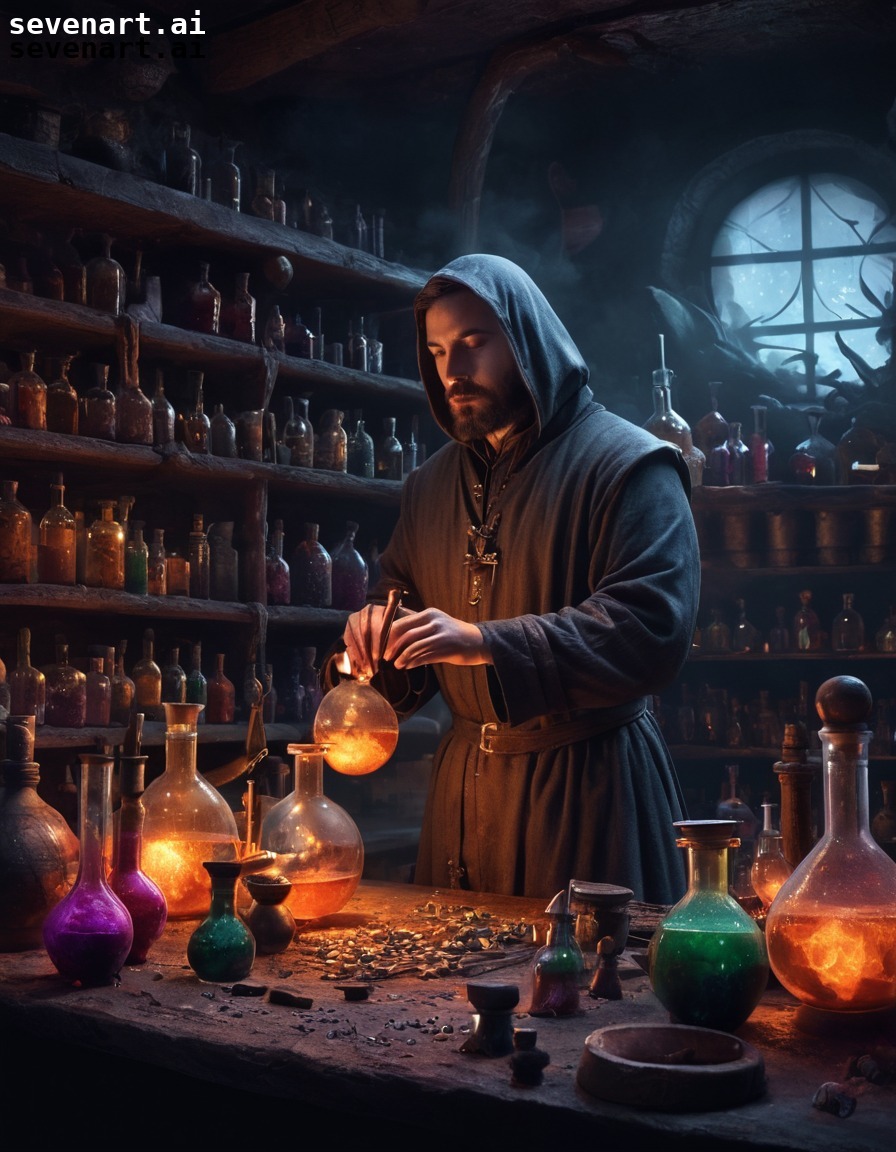 medieval, alchemist, laboratory, ingredients, potions, middle ages